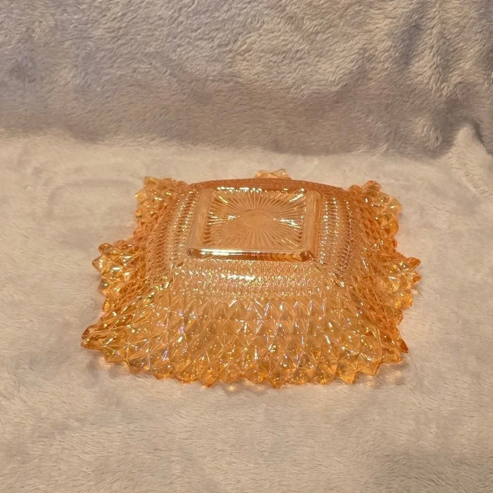 Vintage Indiana Marigold Carnival‎ Glass Square Bowl Diamond Point Sawtooth Edge